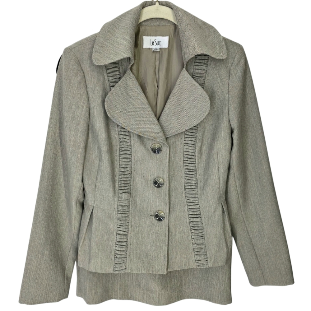 LeSuit Three Button Jacket & Skirt Suit Set Neutral Tan Beige Gray Weave Sz 6 - Picture 15 of 16